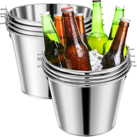 6 Pcs Galvanized Bucket 9 x 7 x 7 Inch Metal 4.7 L Ice Beer Bucket Silver Tin Large Metal Pail Steel Container with Handle for Wine Champagne Bar Kitchen Holiday Party Supplies