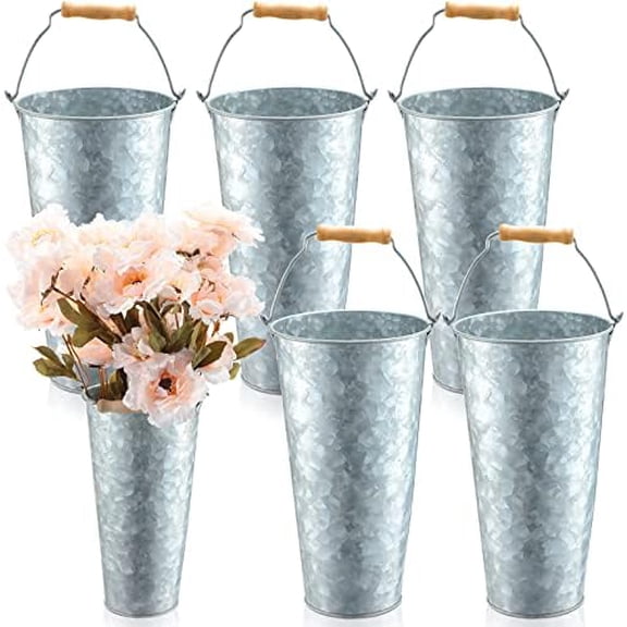 6 Pcs Galvanized Flower Buckets for Cut Flowers 15 Inch Silver Tin Bucket French Metal Vases with Handles Vintage Rustic Flower Holder for Wedding Decor Home Table Centerpiece Arrangement