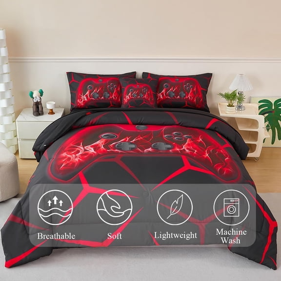 6 Pcs Games Bed in A Bag for Teens Boys Twin Size Black Red Geometry Gamepad Bedding Sets Soft Bright Game Console Comforter Set