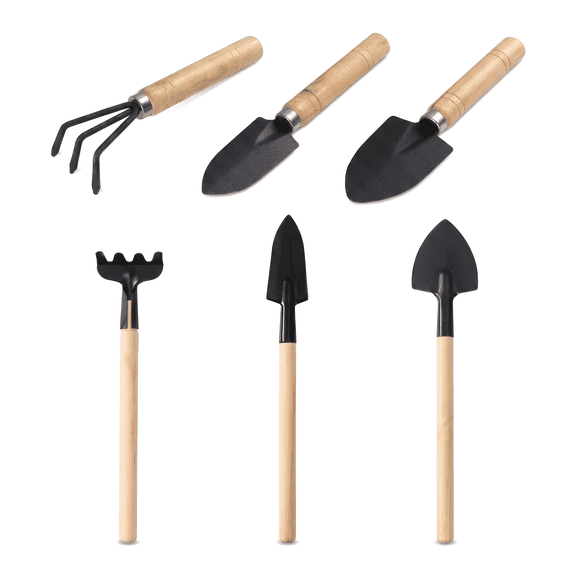 6 Pcs Garden Tool Set, Wood Handle Trowel Transplanter Rake for Indoor Potting & Transplanting