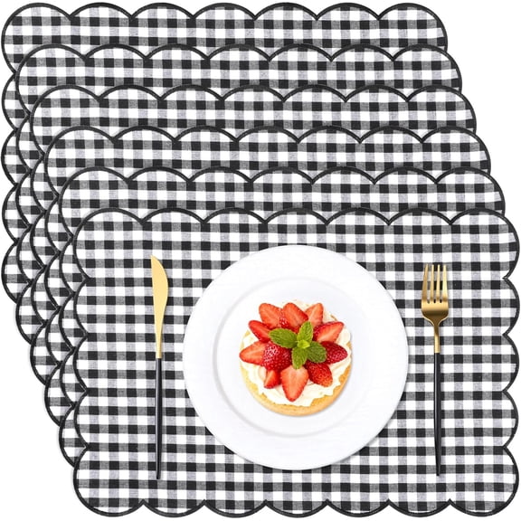 6 Pcs Gingham Linen Placemats 13 x 19 Inch Check Plaid Table Mat Buffalo Plaid Washable Scalloped Wavy Embroidery Placemat for Spring Dining Tables Tea Party(Pink)