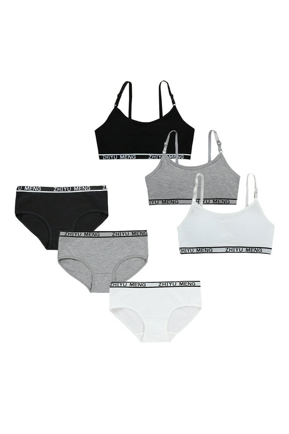 6 Pcs Girls' Training Bra Set Crop Cami Sports Bralette and Brief Set Girls Underwear Size 10-16