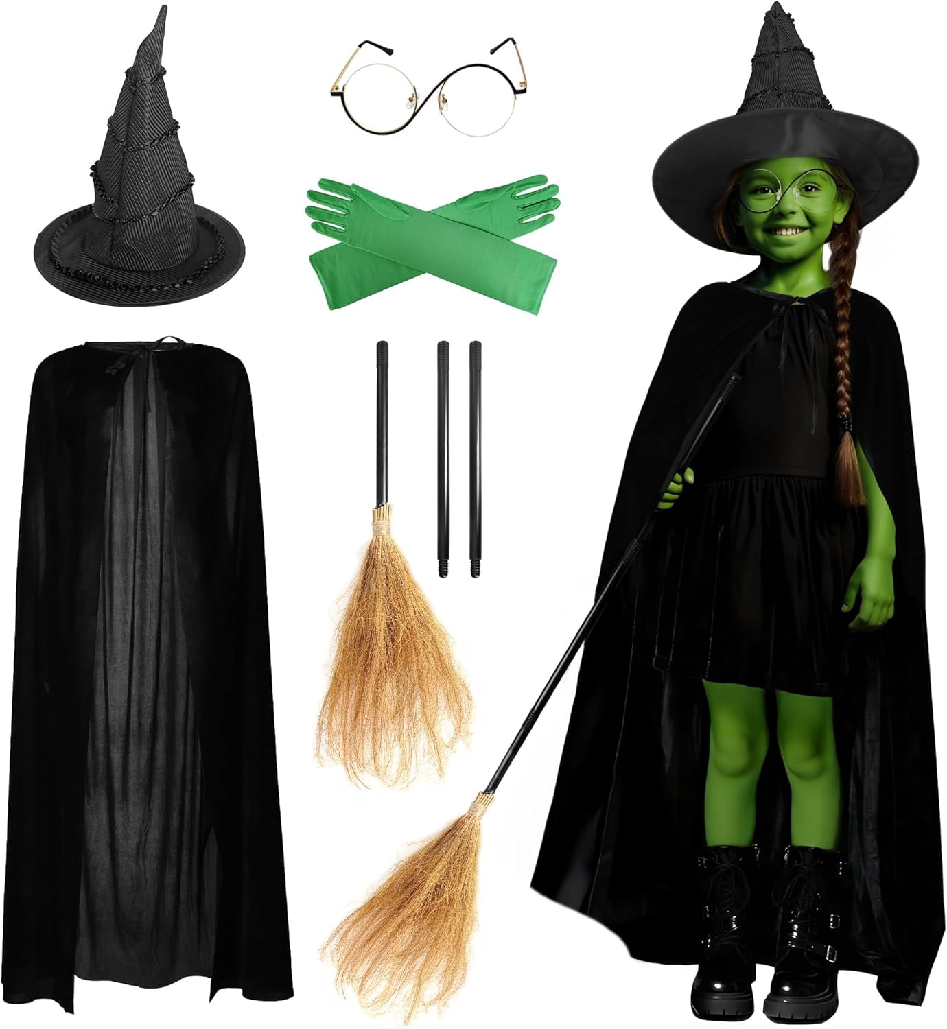 6 Pcs Girls Witch Costume Wicked Green Witch Movie Cosplay Halloween Witches Hat, Cape, Glasses, Gloves, Broom for Kids