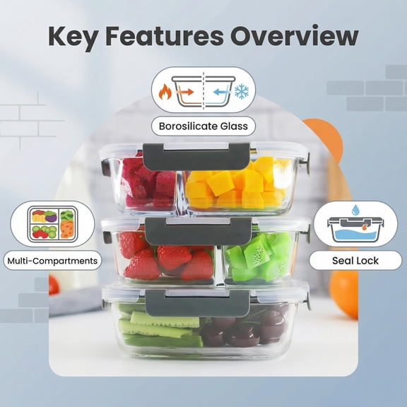 6 Pcs Glass Food Storage Containers with Lids, 1 & 2 & 3 Compartment Glass Airtight Meal Prep Containers (3 Containers & 3 Lids), Oven & Freezer Safe, Leak Proof - Grey
