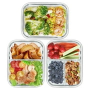 6 Pcs Glass Food Storage Containers with Lids, 1 & 2 & 3 Compartment Glass Airtight Meal Prep Containers 3 Containers & 3 Lids, Oven & Freezer Safe, Leak Proof - Grey