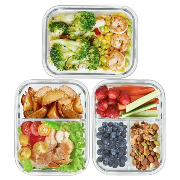 6 Pcs Glass Food Storage Containers with Lids, 1 & 2 & 3 Compartment Glass Airtight Meal Prep Containers (3 Containers & 3 Lids), Oven & Freezer Safe, Leak Proof - Grey