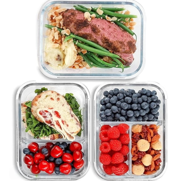 6 Pcs Glass Food Storage Containers with Lids, 1 & 2 & 3 Compartment Glass Airtight Meal Prep Containers (3 Containers & 3 Lids), Oven & Freezer Safe, Leak Proof