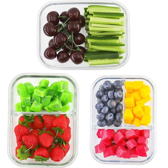 6 Pcs Glass Food Storage Containers with Lids, 1 & 2 & 3 Compartment Glass Airtight Meal Prep Containers (3 Containers & 3 Lids), Oven & Freezer Safe, Leak Proof