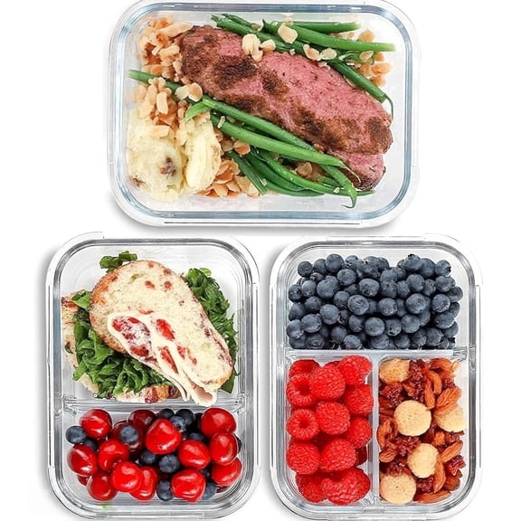 6 Pcs Glass Food Storage Containers with Lids, 1 & 2 & 3 Compartment Glass Airtight Meal Prep Containers (3 Containers & 3 Lids), Oven & Freezer Safe, Leak Proof
