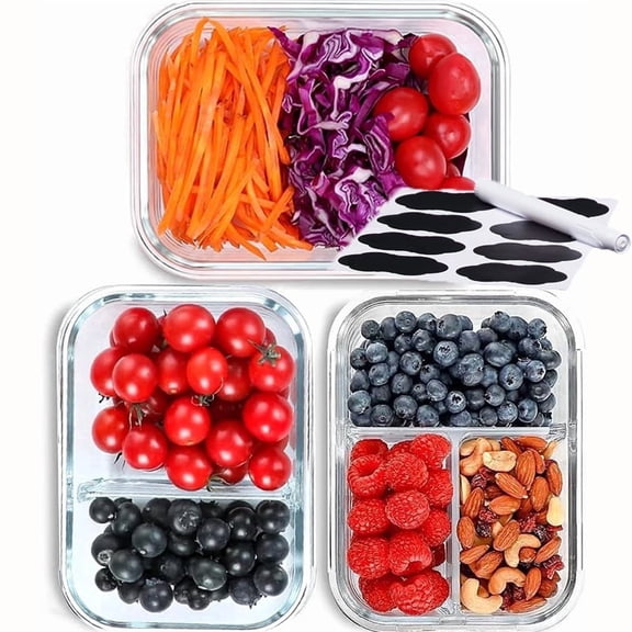 6 Pcs Glass Food Storage Containers with Lids, 1 & 2 & 3 Compartment Glass Airtight Meal Prep Containers (3 Containers & 3 Lids), Oven & Freezer Safe, Leak Proof