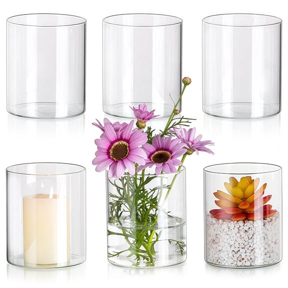 6 Pcs Glass Lantern Candle Holders, Clear Glass Cylindrical Vase for Wedding Decor, Small Floating Candle Holder, Ideal for Tabletop, Party, and Home Decoration