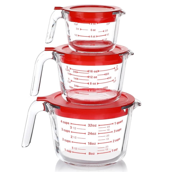6 Pcs Glass Measuring Cups Set with Lids 1-2-4 Cup Kitchen Jugs