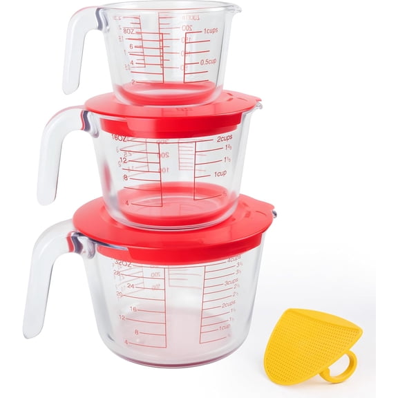 6 Pcs Glass Measuring Cups Set with Lids (Strainer Included) - 1-Cup/2-Cup/4-Cup Nesting Jugs with Easy-Grip Handles, Kitchen Liquid Measuring