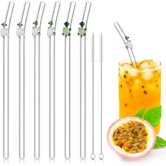 6 Pcs Glass Straw with Design Shatter Resistant Reusable Clear Bent Cute Straws 8 mm x 7.9 Inch with 2 Pcs Cleaning Brush for Drinking Smoothie Cocktail Shakes Beverages(Turtle)
