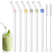 6-Pack Reusable Glass Straws with Hand-Blown Flower Charms – Dishwasher Safe & Shatter-Resistant