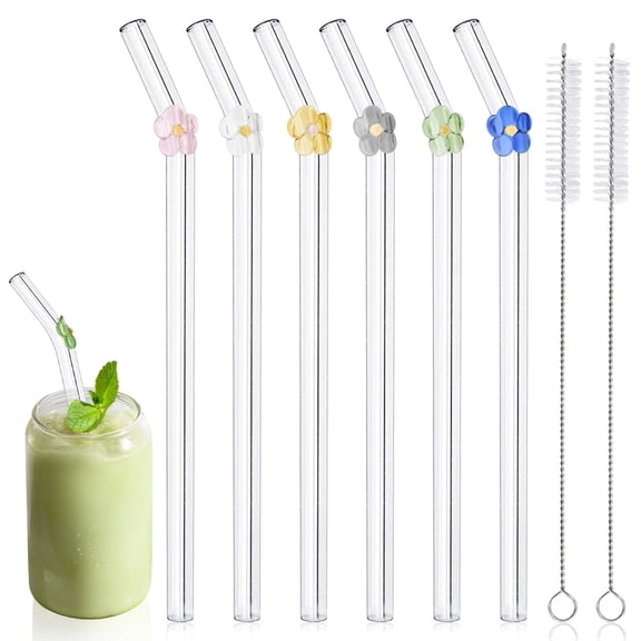 6-Pack Reusable Glass Straws with Hand-Blown Flower Charms – Dishwasher Safe & Shatter-Resistant