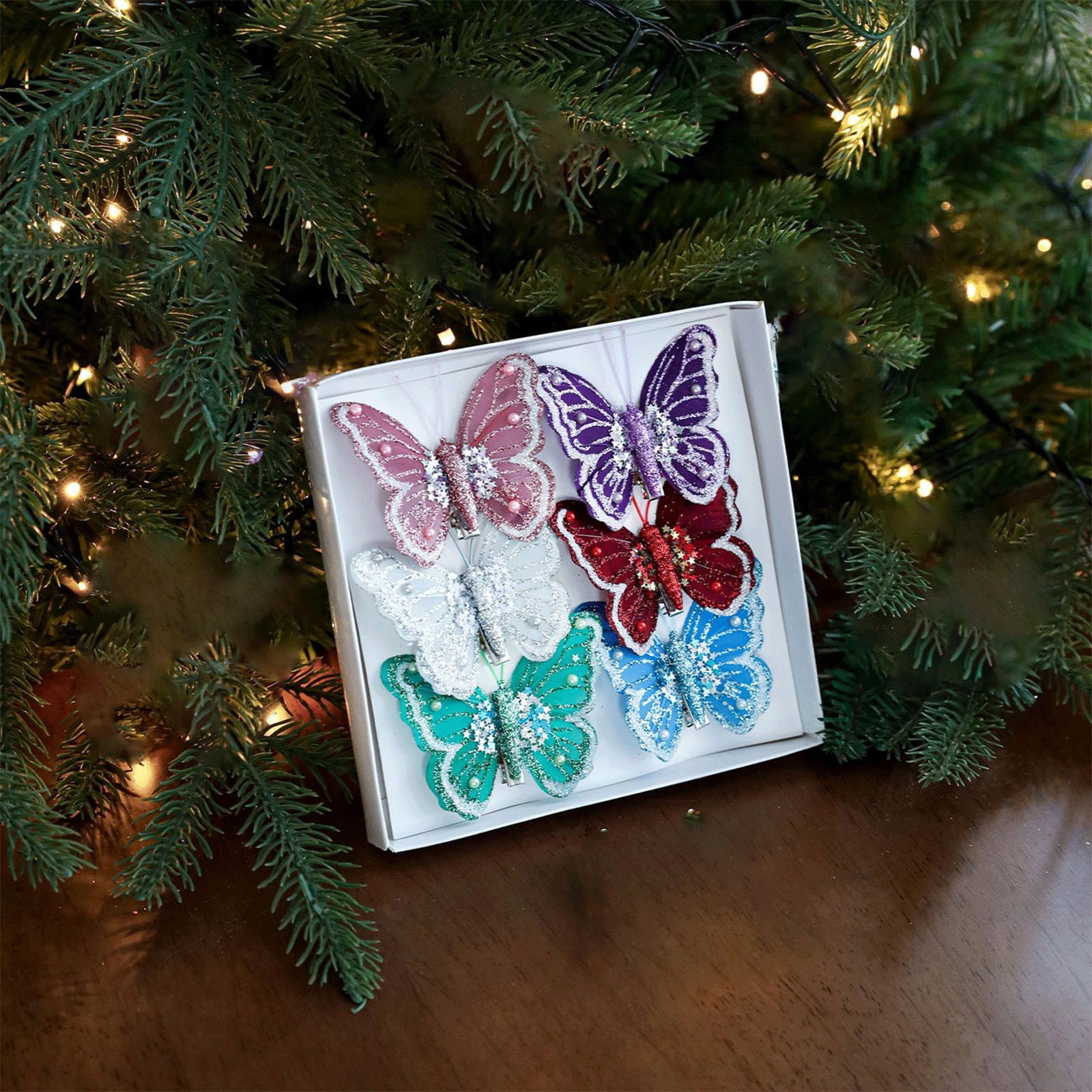 6 Pcs Glitter Christmas Butterfly Ornaments with Clips Multicolor Clip