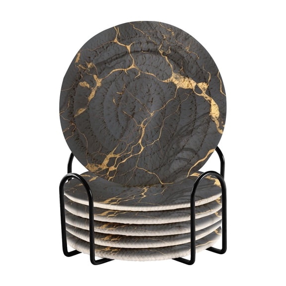 6 Pcs Glossy Black Gold Marble Drink Coasters with Holder Absorbent Heat-Resistant Coaster Set for Tabletop Protection Home Bar
