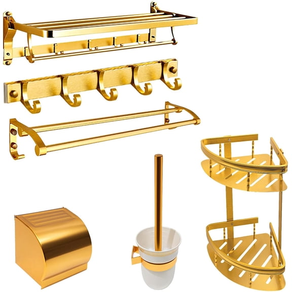 6 Pcs Gold Bathroom Accessories Wall Mounted Hardware Set Multi-Functional Rack & Tower Bar w/Removable Hooks & Toilet Roll Holder Organizer