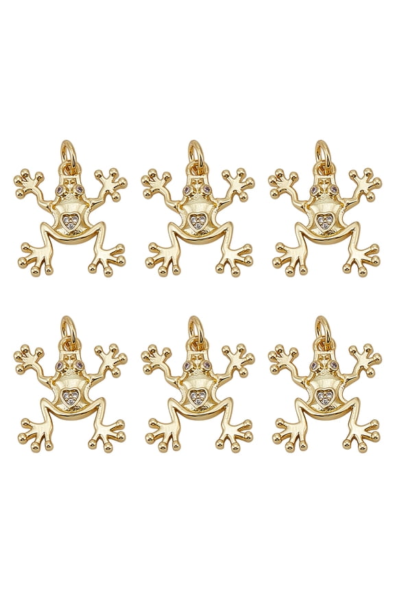6 Pcs Gold Frog Pendant Charm with Cubic Zirconia Accents Animal Lucky Micro Pave Golden Frog Dangle Charms