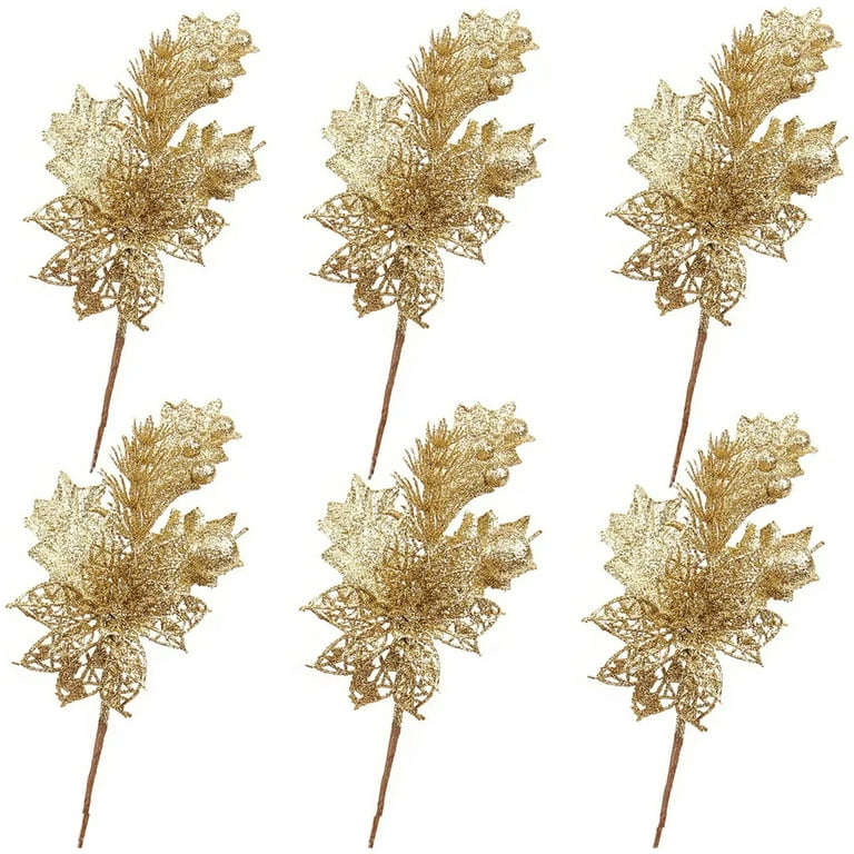 15 Pcs Gold Glitter Artificial Cedar Sprigs Picks Faux Cedar Branches Stems  Christmas Tree Picks Sprays 15.4 H for Gold Christmas Tree Wreath Wedding