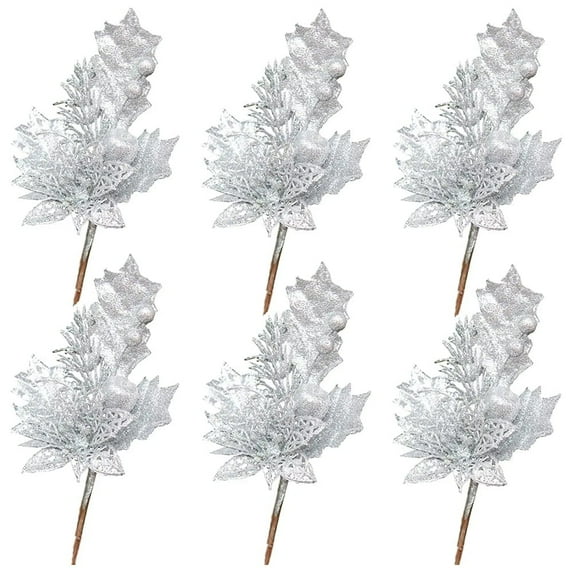 6 Pcs Gold Glitter Artificial Cedar Sprigs Picks Faux Cedar Branches Stems Christmas Tree Picks Sprays for Gold Christmas Tree Wreath Wedding Bouquet Winter Seasonal Holiday Decoration