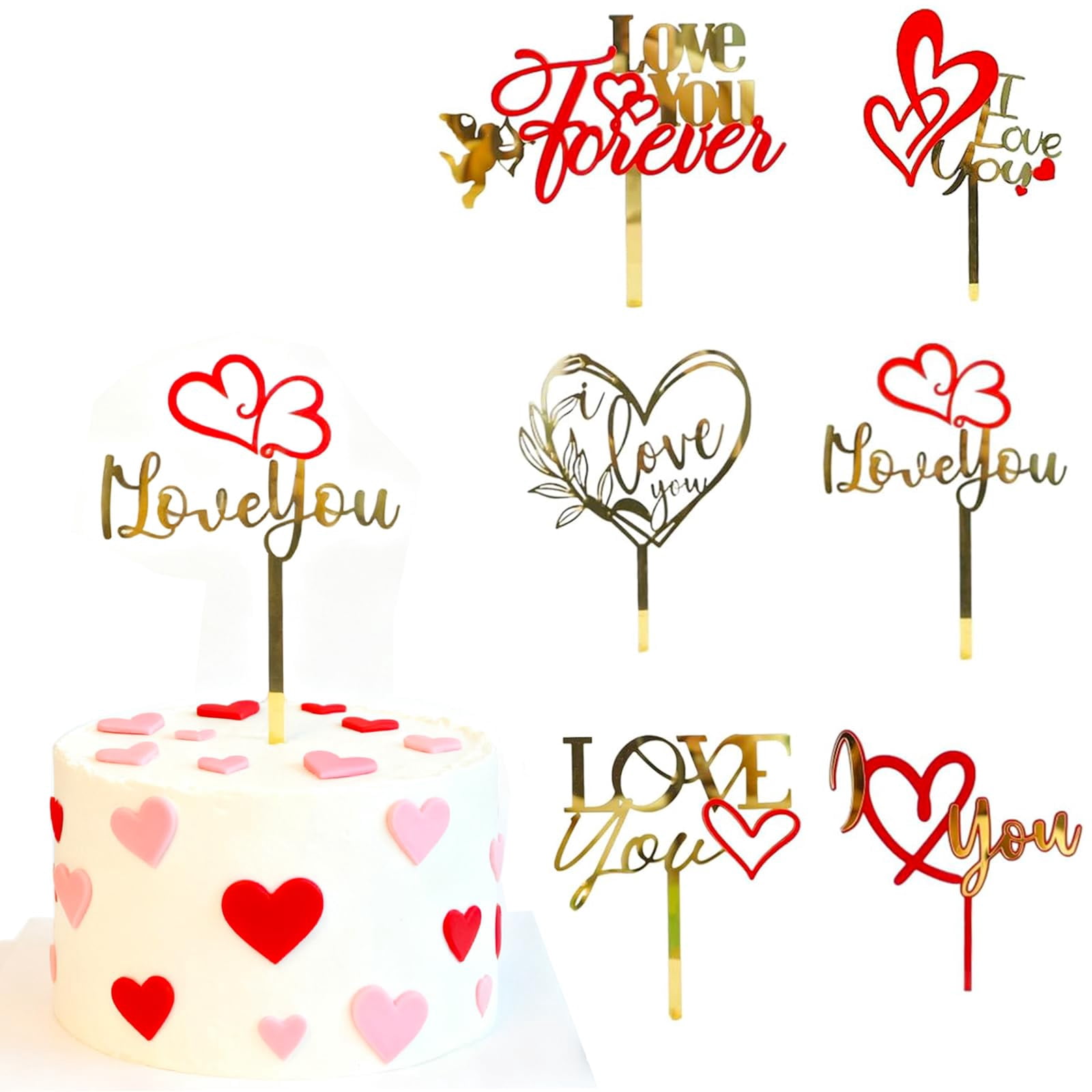 6 Pcs Gold Heart GGA1 Cake Topper Set | Love You Letter & Acrylic Heart ...