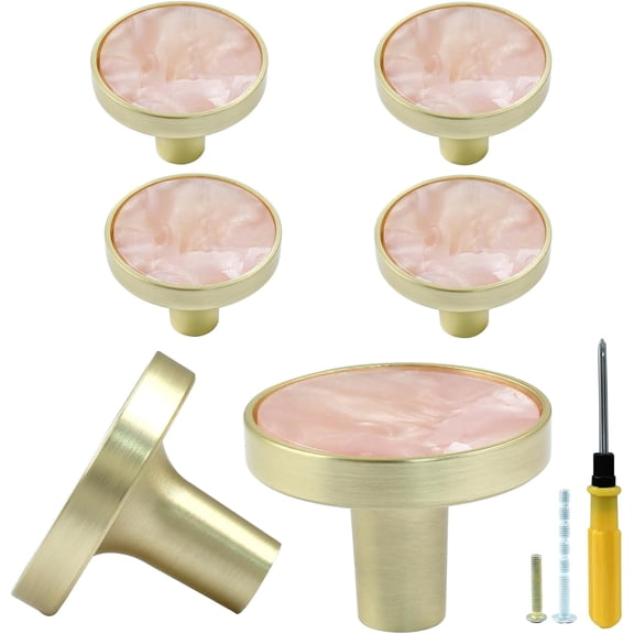 6 Pcs Gold Knobs for Dresser Drawers, Round Dresser Cabinet Knobs Pulls for Kitchen Cabinet Cupboard Door Furniture Decorative, Pink