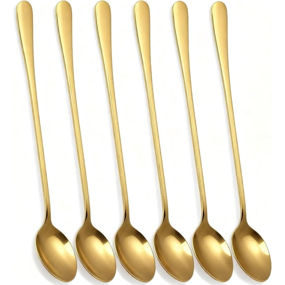 6 Pcs Gold Long Handle Coffee Spoons Latte Spoons Teaspoons Stainless Steel Mixing Stirring Spoon Espresso Spoon for Coffee Dessert Shake Ice Cream Iced Tea Milk Sundeas Cool Drinking, 19.5cm