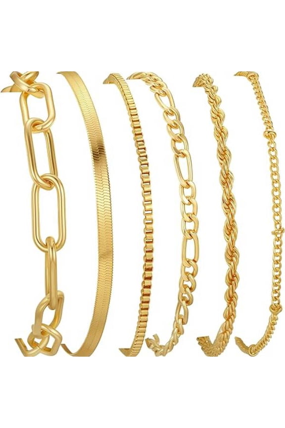 6 Pcs Gold Stackable Bracelet Set - Dainty Layered Chain Bracelets for Women