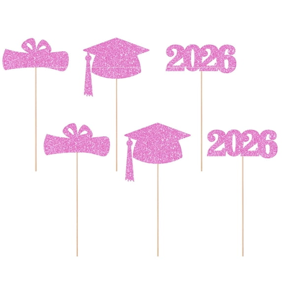 6 Pcs Graduation Centerpieces Sticks for Tables Toppers,Glitter Graduation Cutouts Cap Sticks,Vase Decor Confetti,Graduation Decoration 2026,Table Toppers for Graduation Decorations,Pink