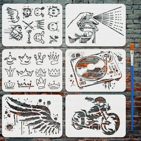 6 Pcs Graffiti Painting Stencil with Brush 8.3x11.7inch Graffiti Heart Rabbit Pattern Drawing Template Spray Hand Turntable Wings Flame Motorcycle Stencil