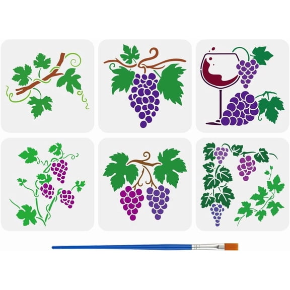 6 Pcs Grapevine Painting Stencil with Brush 7.87x7.87inch 6 Styles Grape Drawing Template Vine Glass Goblet Plants Theme DIY Template for Painting on Wood Wall Fabric Furniture