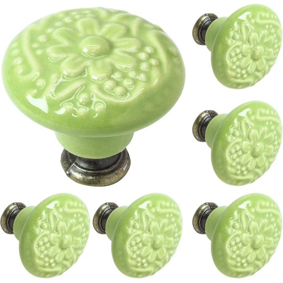 6 Pcs Grass Green Ceramic Cabinet Knobs, Retro Drawer Knobs, Vintage Round Handles for Cabinet, Drawer, Cupboard