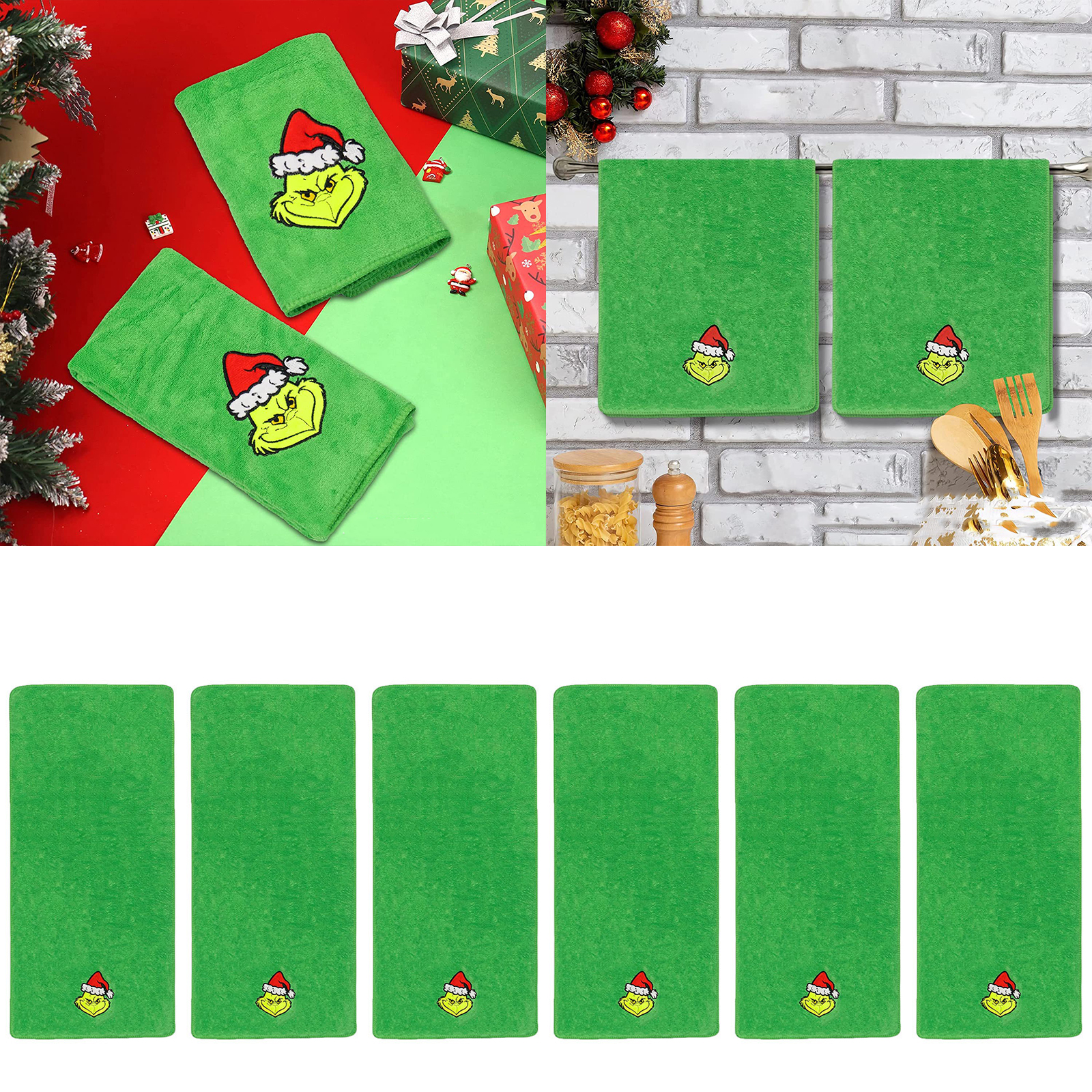 6 Pcs Grinch Christmas Kitchen Dish Hand Towels, Absorbent Soft Cotton