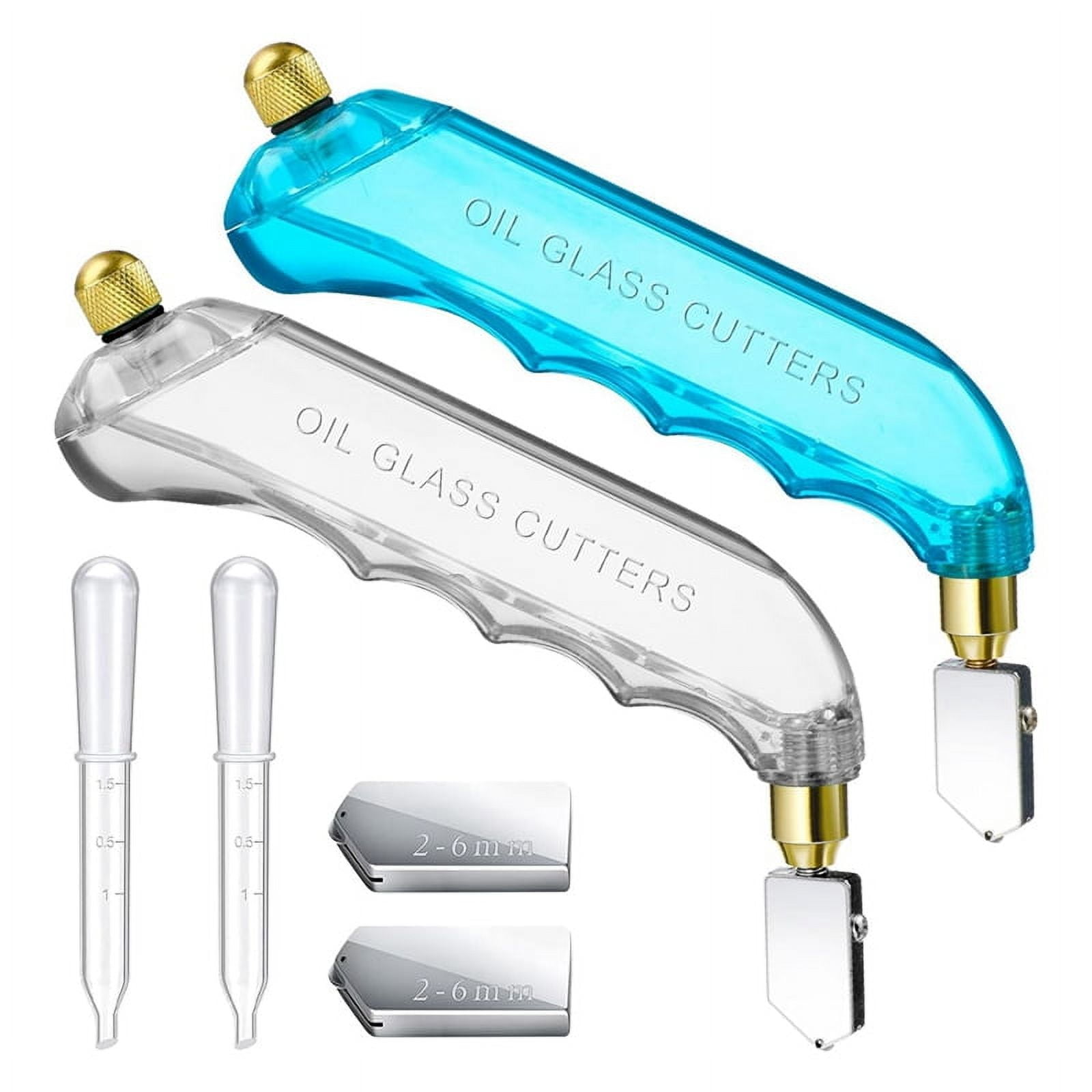 6 Pcs Grip Oil Feed Glass Cutter Stained Glass Supplies Cutters Tools and 2-6mm Replaceable Heads (Blue, White)