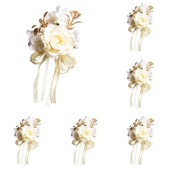 6 Pcs Groom Boutonniere for Wedding, Creamy White Rose Mens Boutonniere for Weddings with Gold Leaves, European Romantic Artificial Rose Boutonnieres for Groomsmen, Guest, Prom Suit Decorations