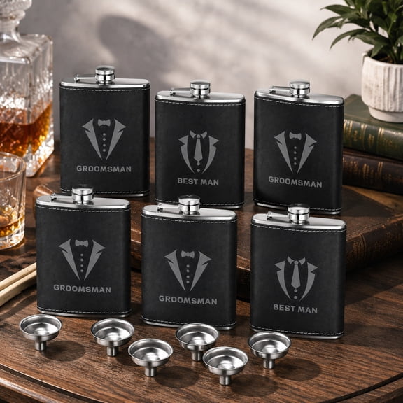 6 Pcs Groomsman Gifts Set, Stainless Steel Flasks with Funnels, Black Suit Design, Wedding Party Favors