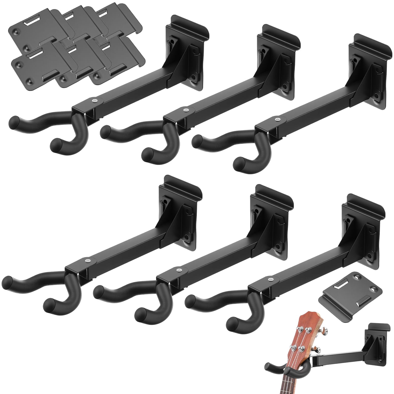6 Pcs Guitar Hanger Wall Mount Heavy Duty Metal Hook Holder With Slat Adapter 180° Adjustable Black Stand For Acoustic Electric Bass Ukulele