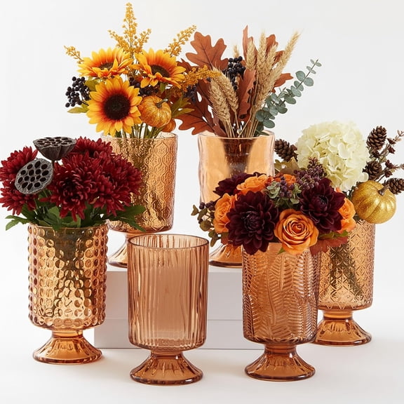 6 Pcs (H:7" W:4") Embossed Flower Vase Pedestal Glass Vase Big Base Thickened Crystal Vintage Vases for Valentines Day Wedding Home Decor Table Centerpiece House Warming Gifts(Amber)