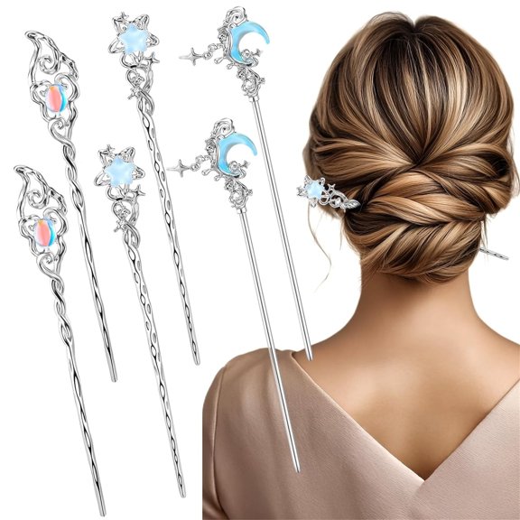 6 Pcs Hair Sticks Moon Star Hair Pins Metal Hair Chopsticks Silver Hair Sticks Vintage Chinese Chopsticks Decorative Hair Styling Accessories for Women Girls Daily Wear, Topboutique