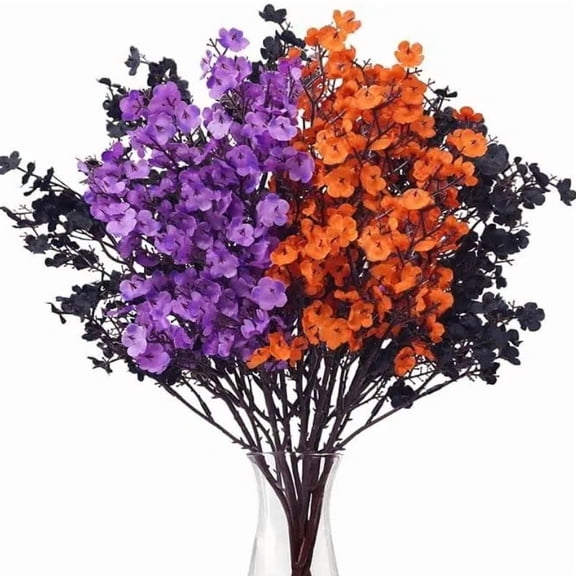 6 Pcs Halloween Artificial Baby's Breath Flowers, Black & Purple & Orange Faux Gypsophila Flowers, Real Touch Silk Flowers for Cemetery Decor, Haunted House Party, Spooky Centerpieces