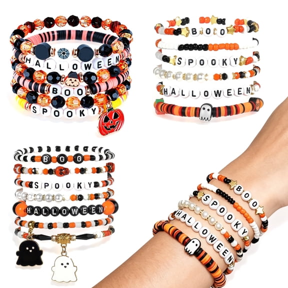 6 Pcs, Halloween Beads for Bracelets Letter Beads for Bracelets 7 Inch Halloween Bracelets Bulk Halloween Party Favors for Student Spooky Accessory for Holiday Events Halloween