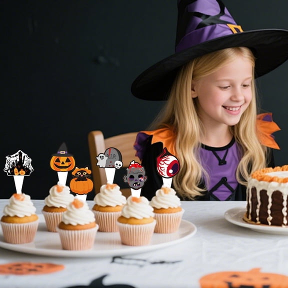 6 Pcs Halloween Cake Toppers Decorations, Witch Bat Castle 3D Black Tree Spider Pumpkin Skull Head Eyeballs Skeleton Hands Tombstone for Party(A)