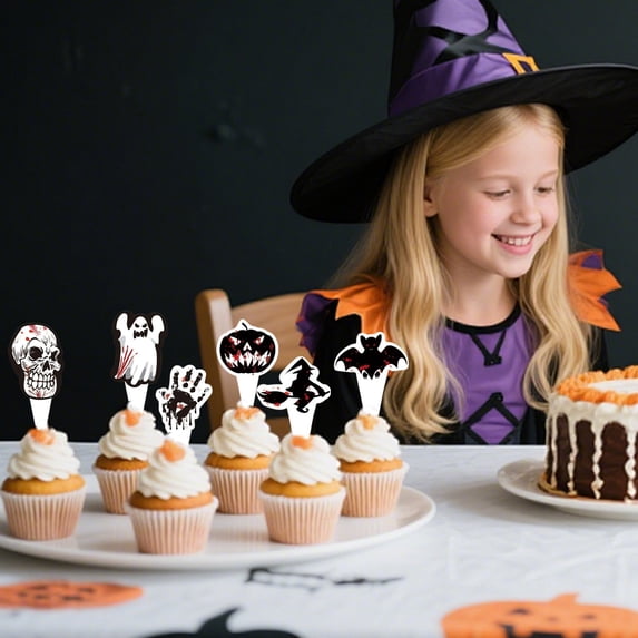 6 Pcs Halloween Cake Toppers Decorations, Witch Bat Castle 3D Black Tree Spider Pumpkin Skull Head Eyeballs Skeleton Hands Tombstone for Party(B)