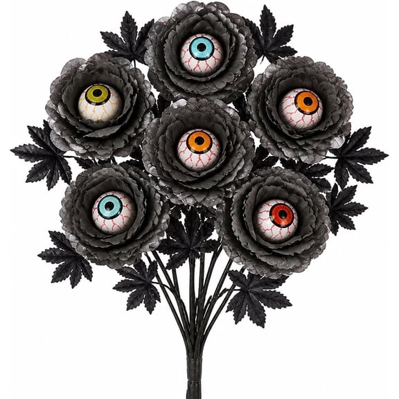 6 Pcs Halloween Eyeball Flower Stems, Black Artificial Gothic Flowers with Spooky Eyeball Centers, Plastic Dark Floral Bouquet,Halloween