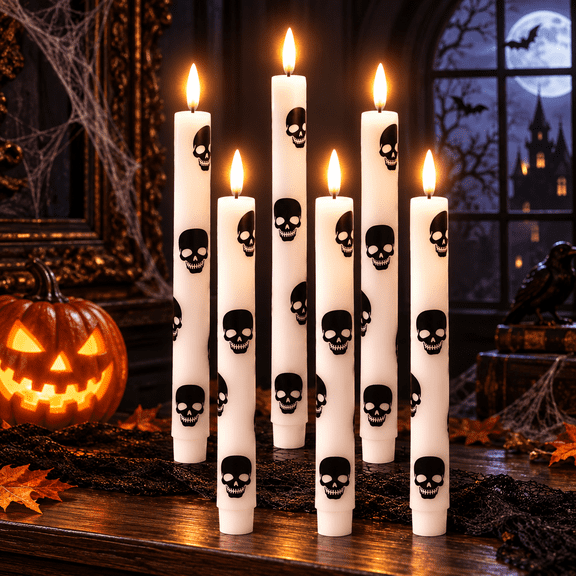 6 Pcs Halloween Flameless Taper Candles 10.6 Inch Table Home Decor Spooky Black and White Halloween Halloween, Battery Operated LED Candlesticks, Gothic Centerpieces for Home Dinner Table