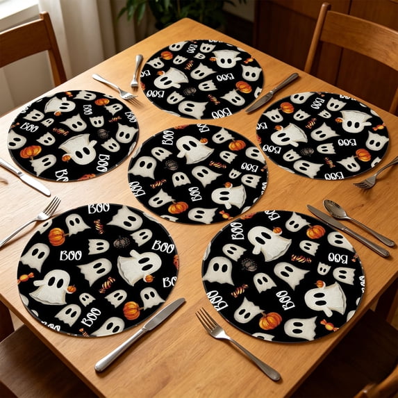 6 Pcs Halloween Ghost Pumpkin Printed Linen Round Placemats,Anti-Slip Reusable Fabric Table Mats for Dinner Table,Party,Holiday,Home Decor