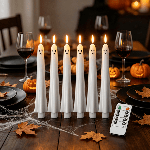 6 Pcs Halloween Ghost Taper Candles Battery Operated, White Plastic LED Flickering Flameless Taper Candles with Remote and Timer Dinner Decor