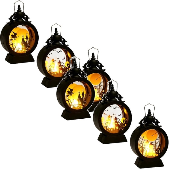 6 Pcs Halloween LED Lantern Lights Halloween Witch LED Lantern Black Plastic Battery Operated Light with Spooky Silhouette Hanging & Tabletop Decor for Halloween Party , 6.69 Inch, Black